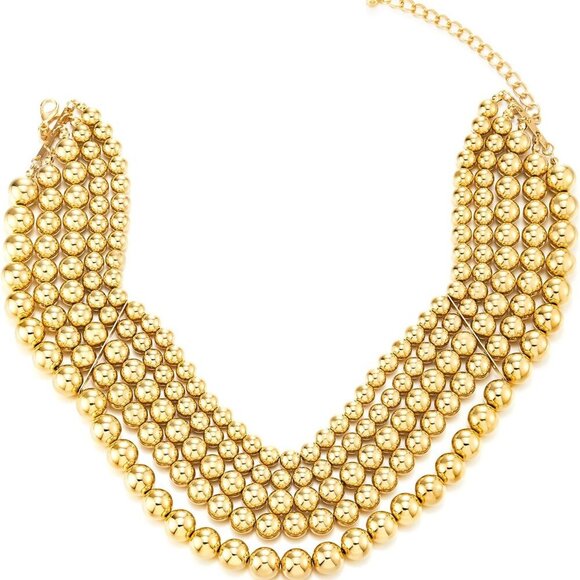 Statement Necklace Large Gold Beads Necklace, Four Layers Bead String Gold Chain - Picture 1 of 5